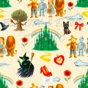 Peut inclure: Un motif sans couture représentant des personnages et des objets du Magicien d'Oz. Le motif comprend Dorothy, l'Épouvantail, l'Homme de Fer-Blanc, le Lion peureux, la Méchante Sorcière de l'Ouest, la Cité d'Émeraude, un arc-en-ciel, des chaussons de rubis, un coquelicot, une horloge en forme de cœur et une route de briques jaunes.