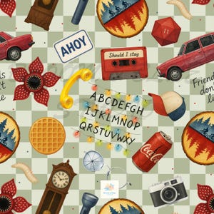 May include: A patterned design featuring elements from a popular TV show. Includes a red cassette tape, a red car, a waffle, a Coca-Cola can, and a camera. The background is a checkered pattern with various other themed objects.