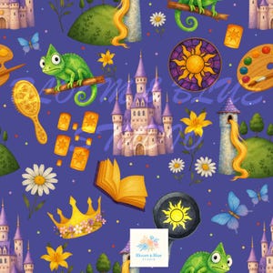 May include: A whimsical pattern featuring elements from a fairytale. The design includes a purple castle, a green chameleon, yellow flowers, a golden crown, and floating lanterns on a dark blue background. A sun emblem and the text "Bloom & Blue Studio" are also visible.