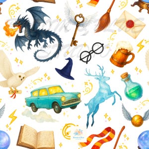 Wizard Magic Seamless Pattern, HP Watercolor Illustration For Baby Fabric, Wizard Magic School, Fantasy Junk Journal Print, Digital Download