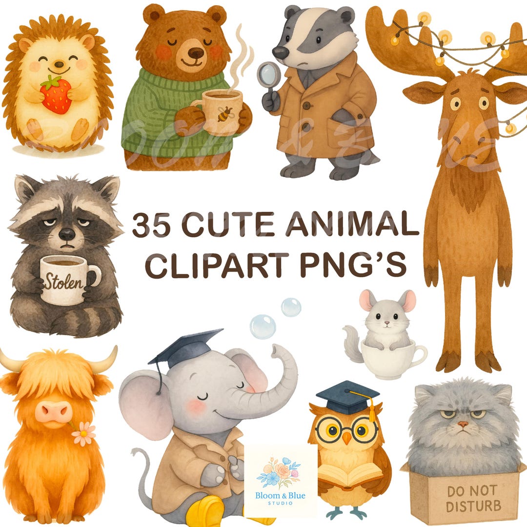 Watercolor Animal Clipart Bundle: 35 PNG Woodland, Farm & Safari ...