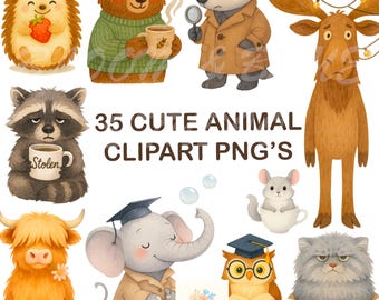 Watercolor Animal Clipart Bundle: 35 PNG Woodland, Farm & Safari Designs (Digital Download)