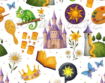 Tangled Rapunzel Watercolor Seamless Pattern – Lanterns & Enchanted Forest Print (Digital download)