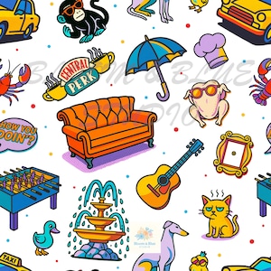 May include: A seamless pattern featuring cartoon illustrations of a sofa, guitar, umbrella, Central Perk logo, and other pop culture icons. The design includes a vibrant color palette with a white background and various shapes.