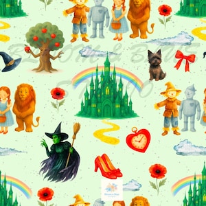 Peut inclure: Un motif sans couture vert et jaune représentant des personnages et des objets du Magicien d'Oz. Le motif comprend Dorothy, l'Épouvantail, l'Homme de Fer-Blanc, le Lion peureux, la Méchante Sorcière de l'Ouest, la Cité d'Émeraude, la Route de Briques Jaunes, des chaussons de rubis, un champ de coquelicots et un singe volant.
