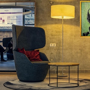 Pu&ograve; includere: Una poltrona grigia con un cuscino rosso si trova in una hall moderna con una lampada da terra, un tavolino rotondo e un dipinto astratto incorniciato sul muro.