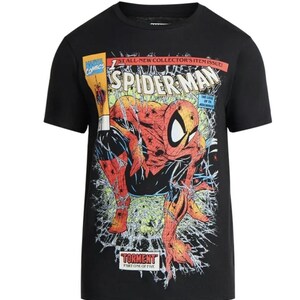 May include: Black t-shirt with a Spider-Man comic book cover design. The graphic includes the text "SPIDER-MAN" and "TORMENT PART ONE OF FIVE". The design is in red, yellow, and blue.