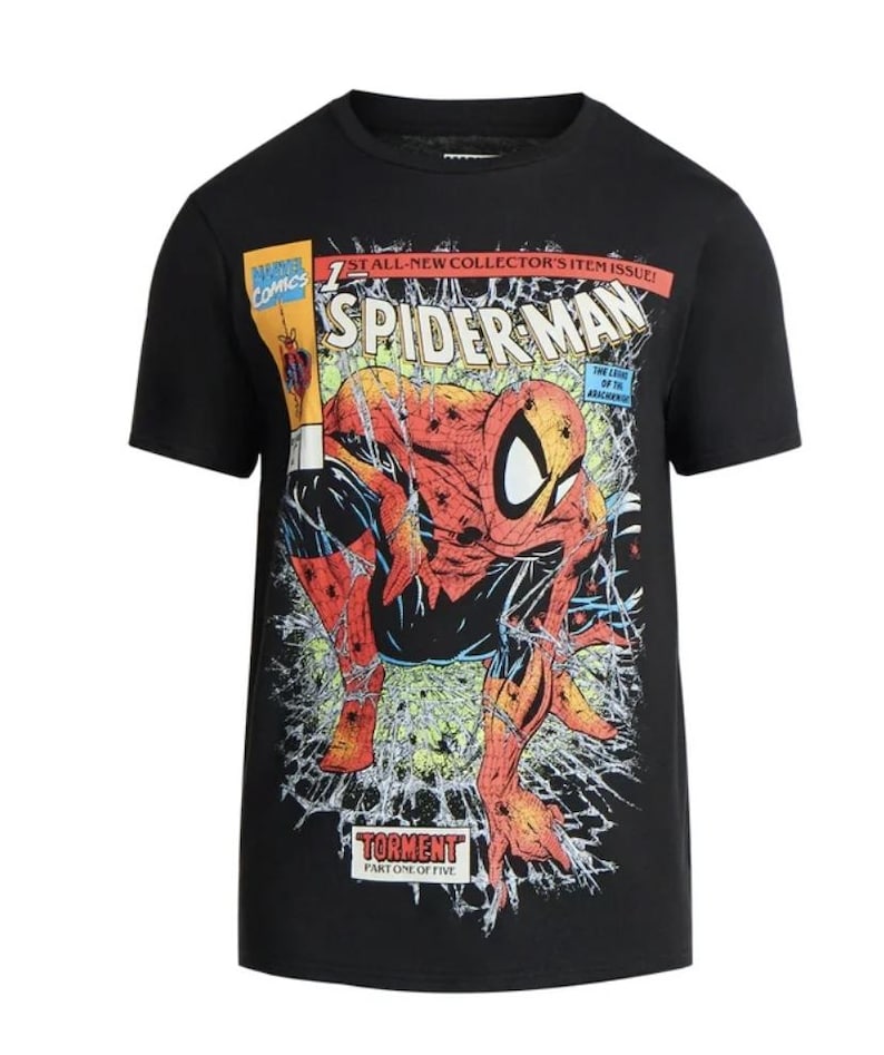 May include: Black t-shirt with a Spider-Man comic book cover design. The graphic includes the text "SPIDER-MAN" and "TORMENT PART ONE OF FIVE". The design is in red, yellow, and blue.
