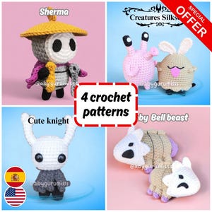 Puede incluir: Imagen promocional que muestra cuatro patrones de crochet. Los patrones incluyen un caballero con un sombrero amarillo, una criatura rosa con antenas, una criatura beige con una lengua rosa y un caballero blanco. Se muestra el texto "4 crochet patterns".