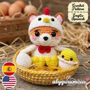 Pipo Crochet Pattern PDF, Fox Dressed as a Chicken, Amigurumi Pattern with Nest, Egg and Baby Chick Scene