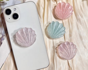 Shell Mobile Phone Grip, Marine Life Shell, Shiny in the Sun, Transparent Resin Folding Elastic Stand, iPhone Accessories