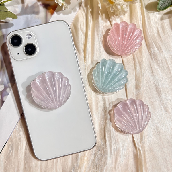 Shell Mobile Phone Grip, Marine Life Shell, Shiny in the Sun, Transparent Resin Folding Elastic Stand, iPhone Accessories