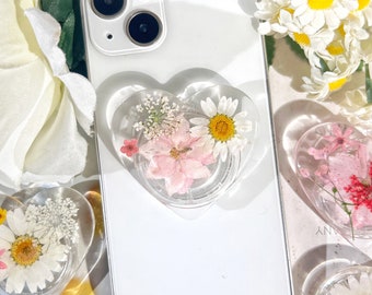 Pressed Flowers Phone Grip, White Daisy Real Flower Mobile Phone Holder, Transparent Resin Folding Elastic Base, Kindle stand