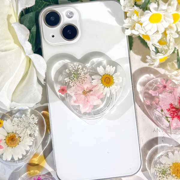 Pressed Flowers Phone Grip, White Daisy Real Flower Mobile Phone Holder, Transparent Resin Folding Elastic Base, Kindle stand