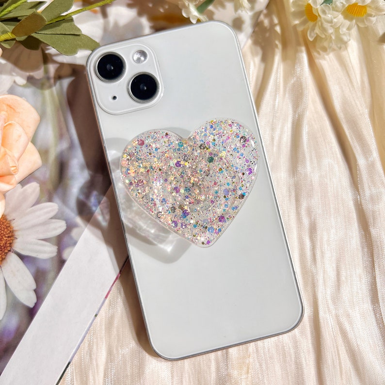 Heart Shaped Phone Grip, Glitter and Mirror Finish, Clear Rotating Stretch Phone Holder, Suitable for Any Phone Model image 6