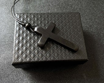 Men's Cross Necklace, Ebony Cross Pendant, Hand Carved, Christian Catholic, Gift For Him