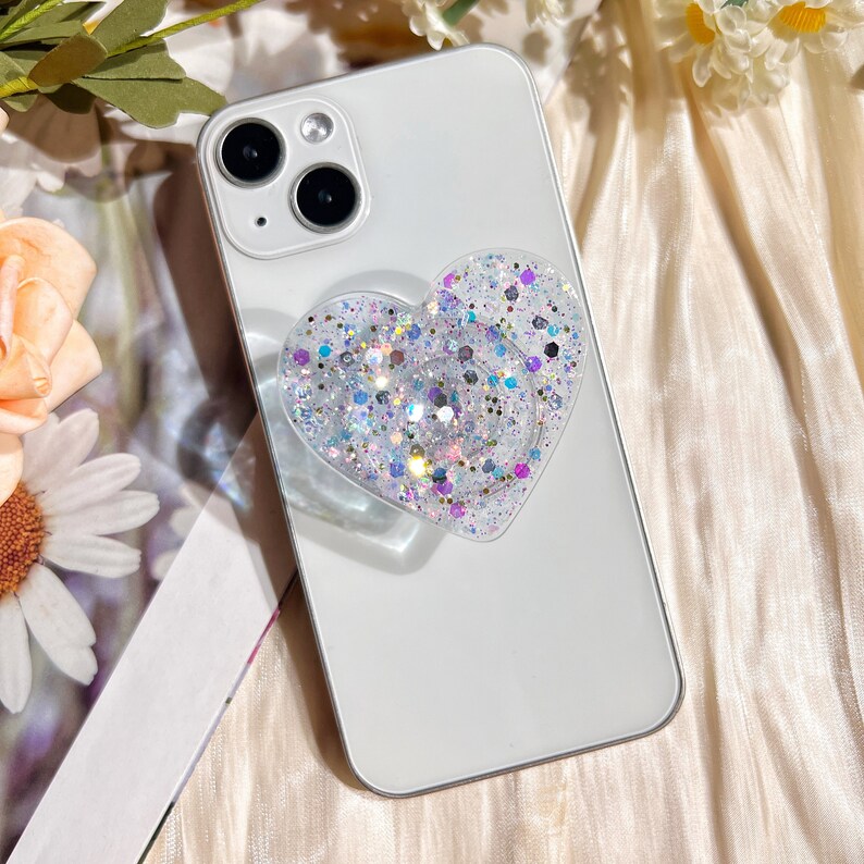 Heart Shaped Phone Grip, Glitter and Mirror Finish, Clear Rotating Stretch Phone Holder, Suitable for Any Phone Model image 5