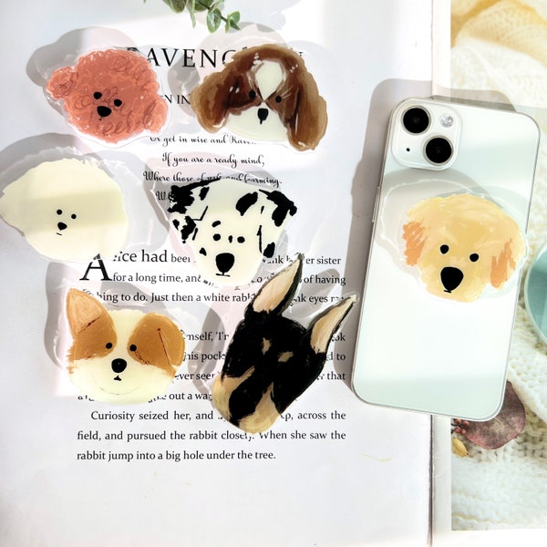 Puppy Cell Phone Grip, Cute Puppy Cell Phone Pendant, Acrylic Folding Elastic Base, iPhone Cell Phone Grip