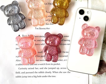 Bear Mobile Phone Grip, 3D Cute Bear Colorful Bear Holder, Transparent Resin Folding Elastic Mobile Phone Holder