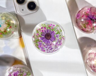 Pressed Flowers Phone Grip, Round Natural Dried Flower Holder, Folding Elastic Base, Mobile Phone Accessories