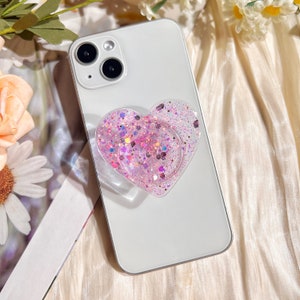 Heart Shaped Phone Grip, Glitter and Mirror Finish, Clear Rotating Stretch Phone Holder, Suitable for Any Phone Model image 4
