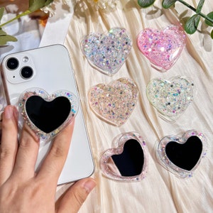 Heart Shaped Phone Grip, Glitter and Mirror Finish, Clear Rotating Stretch Phone Holder, Suitable for Any Phone Model