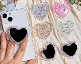 Heart Shaped Phone Grip, Glitter and Mirror Finish, Clear Rotating Stretch Phone Holder, Suitable for Any Phone Model