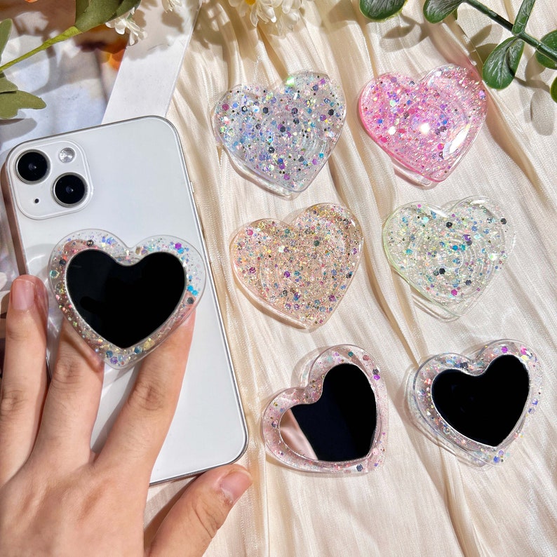 Heart Shaped Phone Grip, Glitter and Mirror Finish, Clear Rotating Stretch Phone Holder, Suitable for Any Phone Model image 1