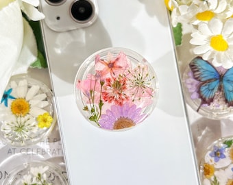 Pressed Flowers Phone Grip, Natural Flower Mobile Phone Holder, Transparent Folding Elastic Base, Kindle Holder, Mobile Phone Decorations