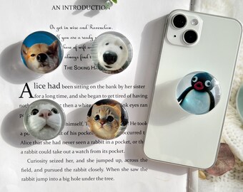 Round Transparent Mobile Phone Grip, Kitten and Puppy Pattern Bracket, Transparent Resin Folding and Rotating Mobile Phone Holder