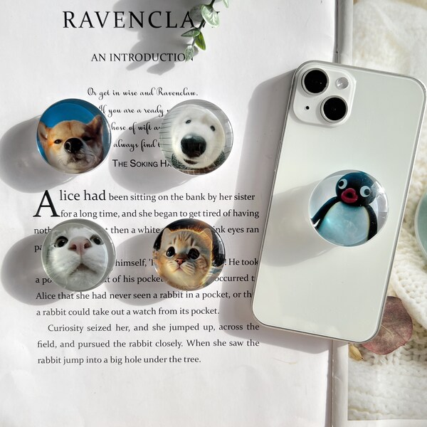 Round Transparent Mobile Phone Grip, Kitten and Puppy Pattern Bracket, Transparent Resin Folding and Rotating Mobile Phone Holder