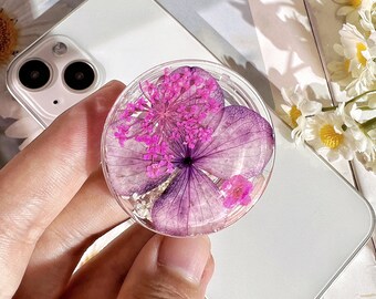 Pressed Flowers Phone Grip, Purple Hydrangea Real Flower Mobile Phone Holder, Transparent Resin Folding Elastic Base, Desktop Stand