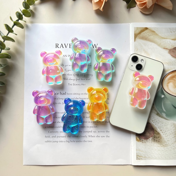 Bear Mobile Phone Grip, Colorful Three-Dimensional Bear Stand, Transparent Folding iPhone Samsung Mobile Phone Stand