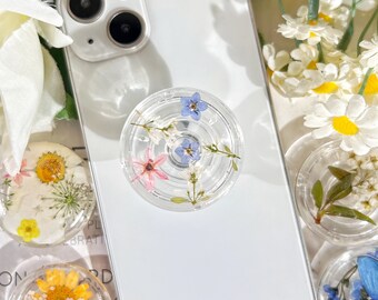 Pressed Flowers Phone Grip, Dried and Real Flower Round Mobile Phone Holder, Transparent Resin Folding Elastic Base, Kindle Holder