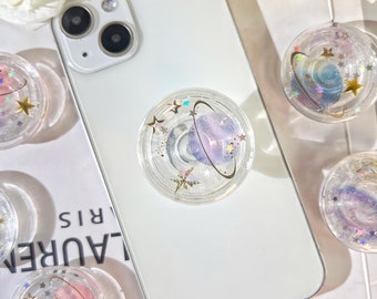 Transparent Round Mobile Phone Grip,Starry Sky Lovers, iPhone Holder, Transparent Resin Folding Elastic Base, Mobile Phone Accessories