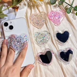 Heart Shaped Phone Grip, Glitter and Mirror Finish, Clear Rotating Stretch Phone Holder, Suitable for Any Phone Model image 2