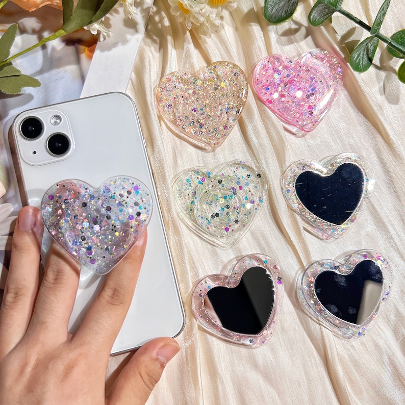 Heart Shaped Phone Grip, Glitter and Mirror Finish, Clear Rotating Stretch Phone Holder, Suitable for Any Phone Model image 2