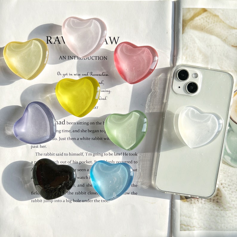 Transparent Heart Shaped Phone Grip, Solid Color Translucent Resin Bracket, iPhone Samsung Folding Rotating Mobile Phone Bracket image 1
