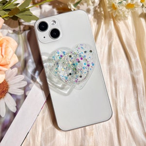 Heart Shaped Phone Grip, Glitter and Mirror Finish, Clear Rotating Stretch Phone Holder, Suitable for Any Phone Model image 7