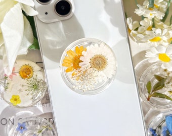 Pressed Flowers Phone Grip, Dried and Real Flower Round Mobile Phone Holder, Transparent Resin Folding Elastic Base, Kindle Holder