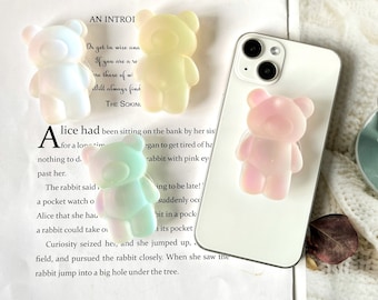 Impugnatura per cellulare Bear, Orsetto 3D in colore sfumato, Texture smerigliata, Supporto per cellulare elastico pieghevole in resina trasparente