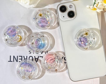 Transparent Round Mobile Phone Grip, Starry Sky, Moon and Star Pattern, iPhone Holder, Transparent Resin Folding Elastic Base