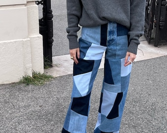 Upcycled Jeans from Vintage Denim, Patchwork Technique, Handmade, High waist, Streetwear, Women Pants