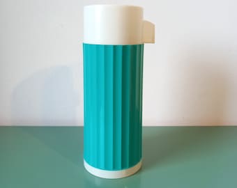 Vintage vacuum flask made in spiked design / White and beautifull Turquoise green colour, Retro Turquoise green, 70s Retro Camping /