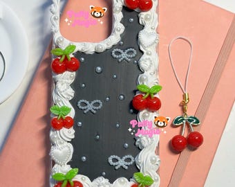 Black Cherry Decoden Phone Case - Whipped Cream Kawaii Case for iPhone & Samsung