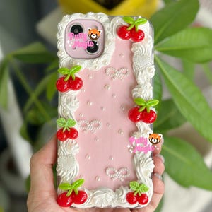 Pink Cherry Decoden Phone Case - Handmade Decoden Case for iPhone & Samsung - Whipped Cream Phone Case