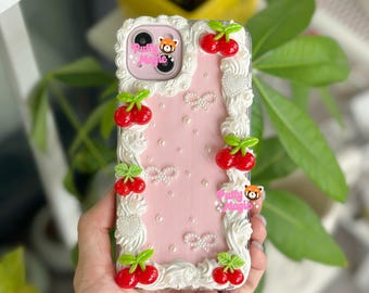 Pink Cherry Decoden Phone Case - Whipped Cream Kawaii Case for iPhone & Samsung