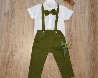 Baby boy linen green suit set, boys linen holiday outfit, long pants with shirt + bow tie