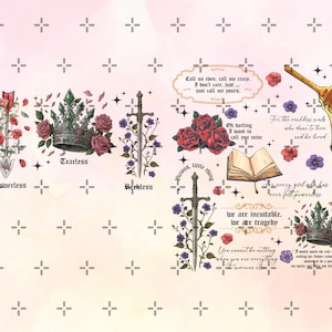 Puede incluir: Un collage decorativo con un fondo rosa claro, que presenta varias ilustraciones. Estas incluyen una espada, una corona, rosas y elementos de texto. El texto incorpora frases como "Powerless", "Tearless" y "Reckless". También hay un cucharón de miel y un libro abierto.