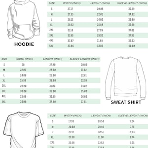May include: Size chart for hoodies, sweatshirts, and unisex t-shirts. Measurements are in inches for width, length, and sleeve length, ranging from size S to 5XL. Includes diagrams of each garment type.